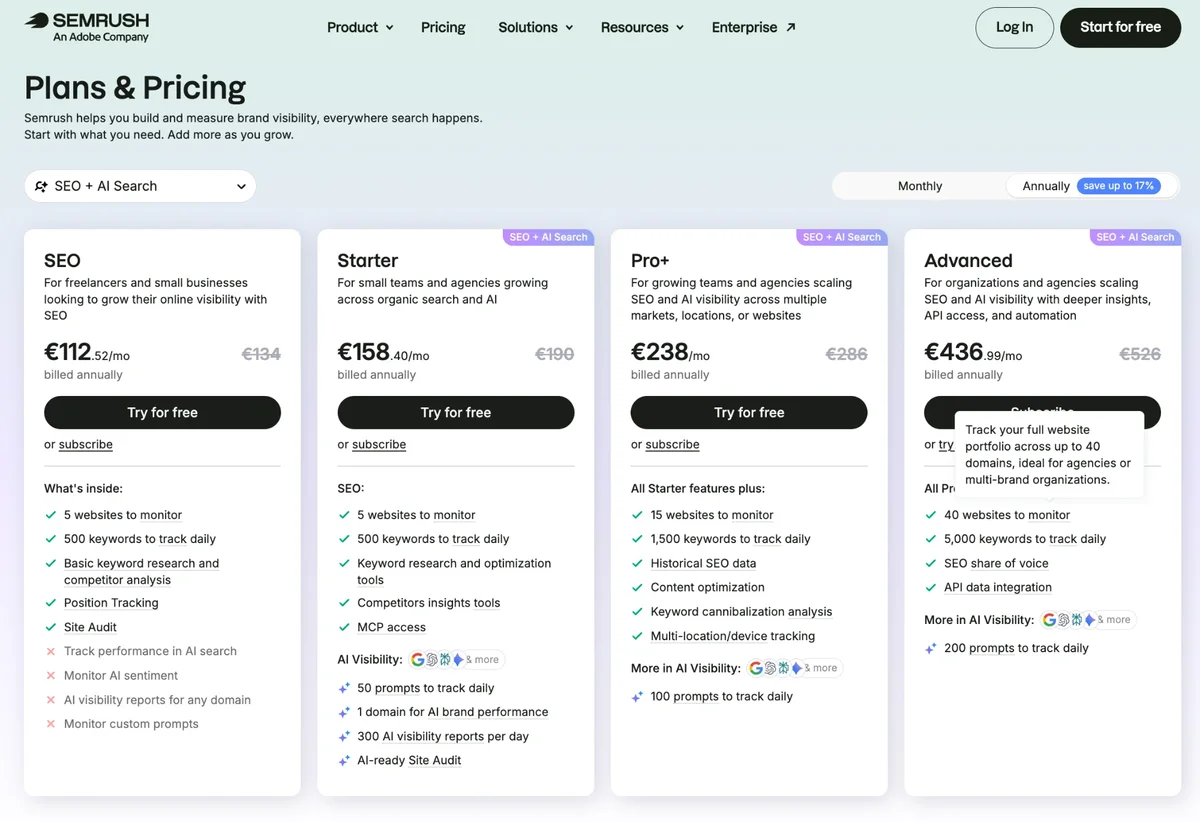 Semrush pricing page showing SEO, Starter, Pro+ and Advanced plans