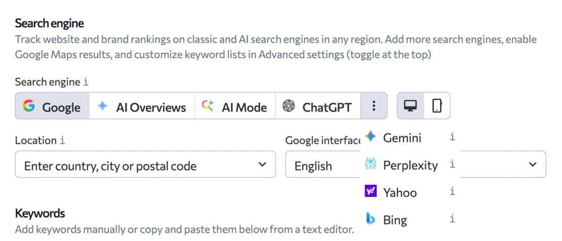 SE Ranking project form with Google, AI Overviews, AI Mode and ChatGPT as search engines, and Gemini, Perplexity, Yahoo and Bing in an open menu