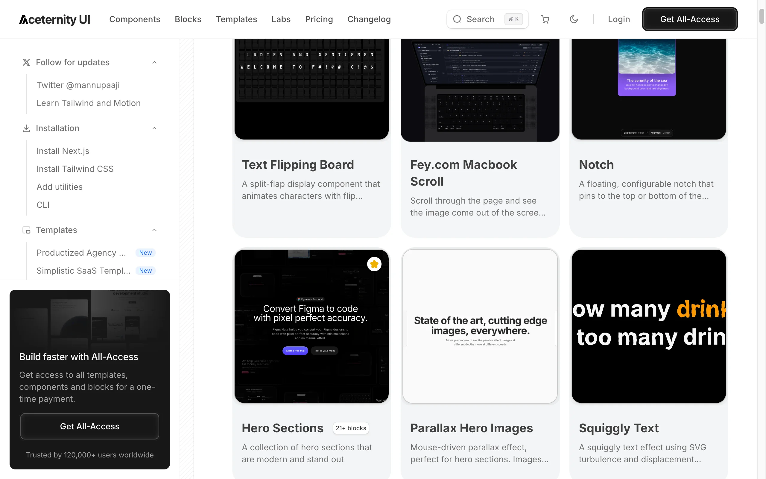 Каталог Aceternity UI: Text Flipping Board, Macbook Scroll, параллакс-hero и блоки hero-секций; All-Access отмечает 120 000+ пользователей (июль 2026)