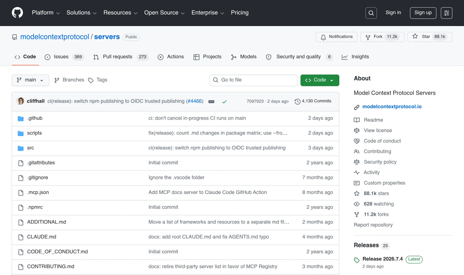 Официальный репозиторий modelcontextprotocol/servers на GitHub — каталог готовых MCP-серверов, 88 тысяч звёзд