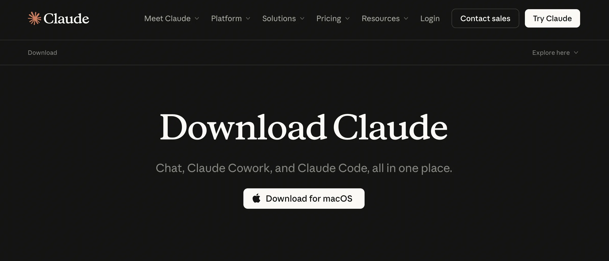 Страница загрузки claude.com/download с заголовком Download Claude и кнопкой Download for macOS; подпись гласит, что Chat, Cowork и Code — в одном приложении