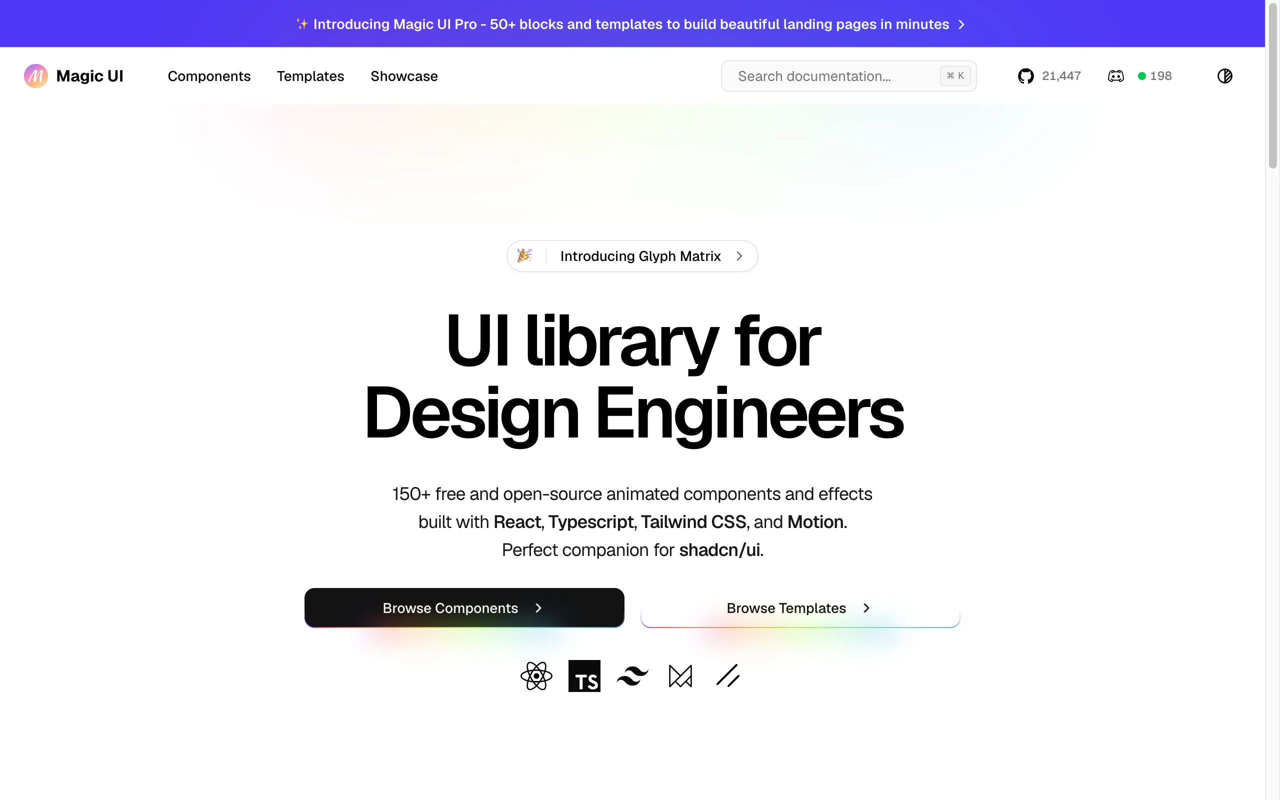 Magic UI: 150+ бесплатных анимированных компонентов на React, TypeScript, Tailwind CSS и Motion — заглавная библиотеки, 21 400+ звёзд на GitHub (июль 2026)