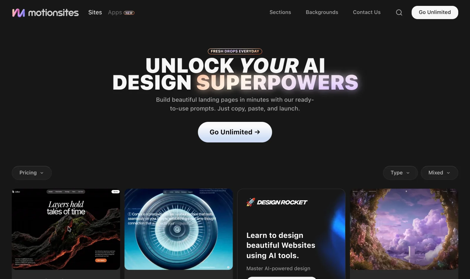 Галерея анимированных сайтов MotionSites AI — генерация промптом вместо визуального конструктора
