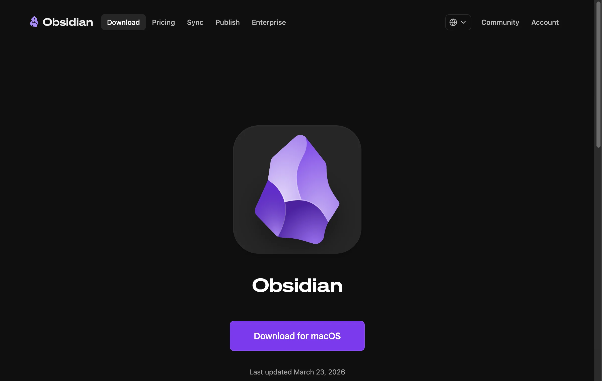 Страница загрузки obsidian.md/download: логотип Obsidian и фиолетовая кнопка Download for macOS, которая автоматически определяет операционную систему; в шапке разделы Download, Pricing, Sync, Publish