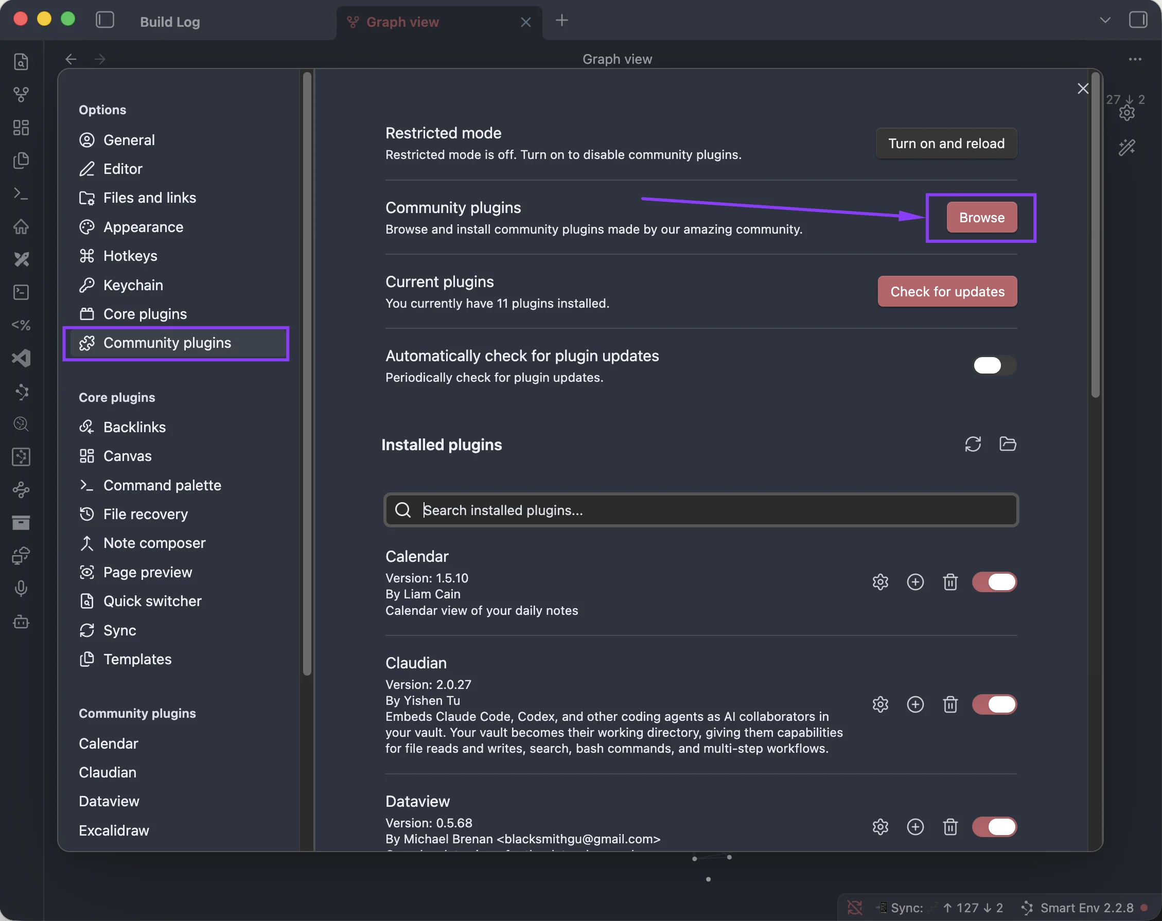 Раздел Community plugins в настройках Obsidian: кнопка Browse для установки плагинов сообщества и список установленных плагинов