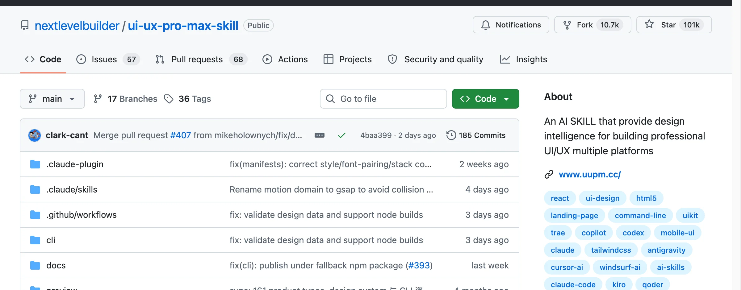 Репозиторий ui-ux-pro-max-skill на GitHub от nextlevelbuilder: 101 тысяча звёзд, 10.7K форков, публичный, 185 коммитов, последнее обновление 2 дня назад; описание — AI-скилл дизайн-интеллекта для профессионального UI/UX, топики react, ui-design, claude-code, cursor-ai