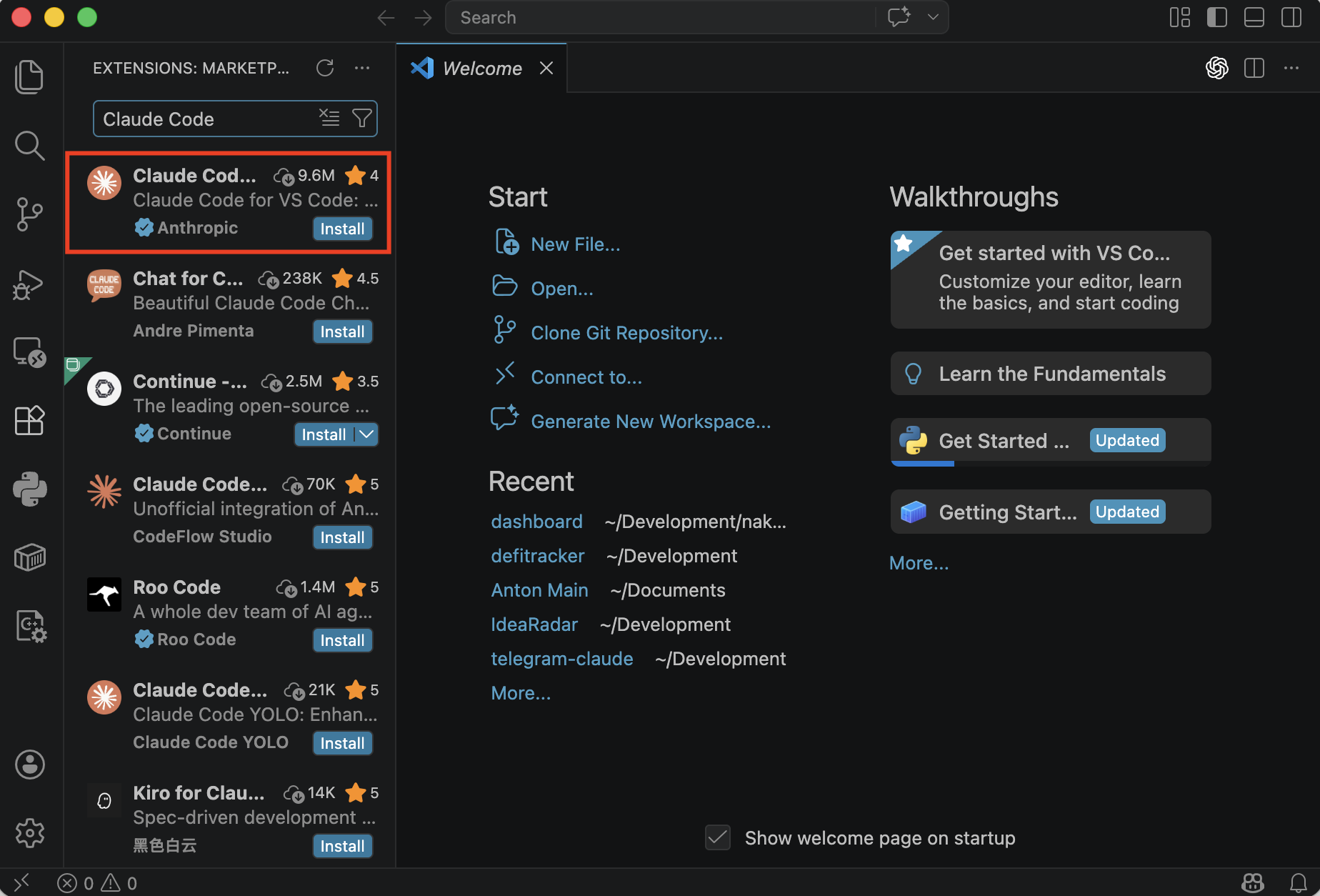 Поиск расширения Claude Code в VS Code Extensions