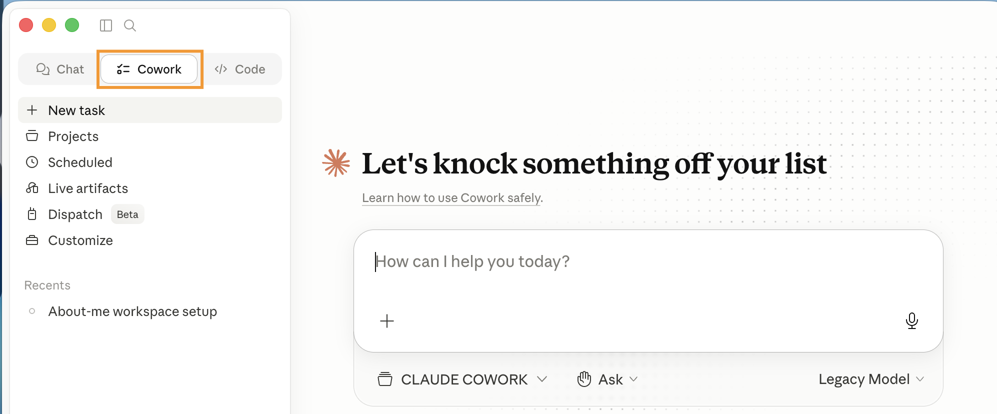 Вкладка Cowork в Claude Desktop — рабочее пространство агента