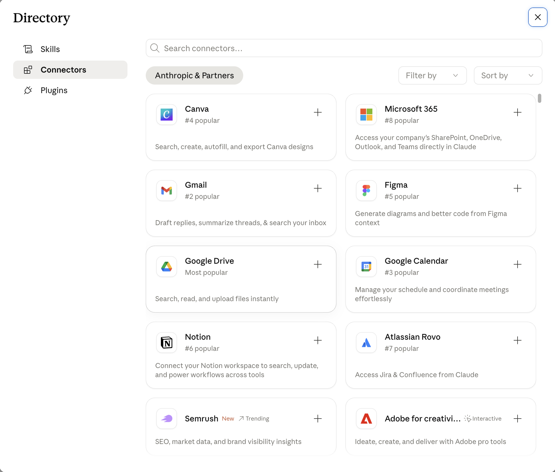 Settings → Cowork → Connectors с подключёнными интеграциями