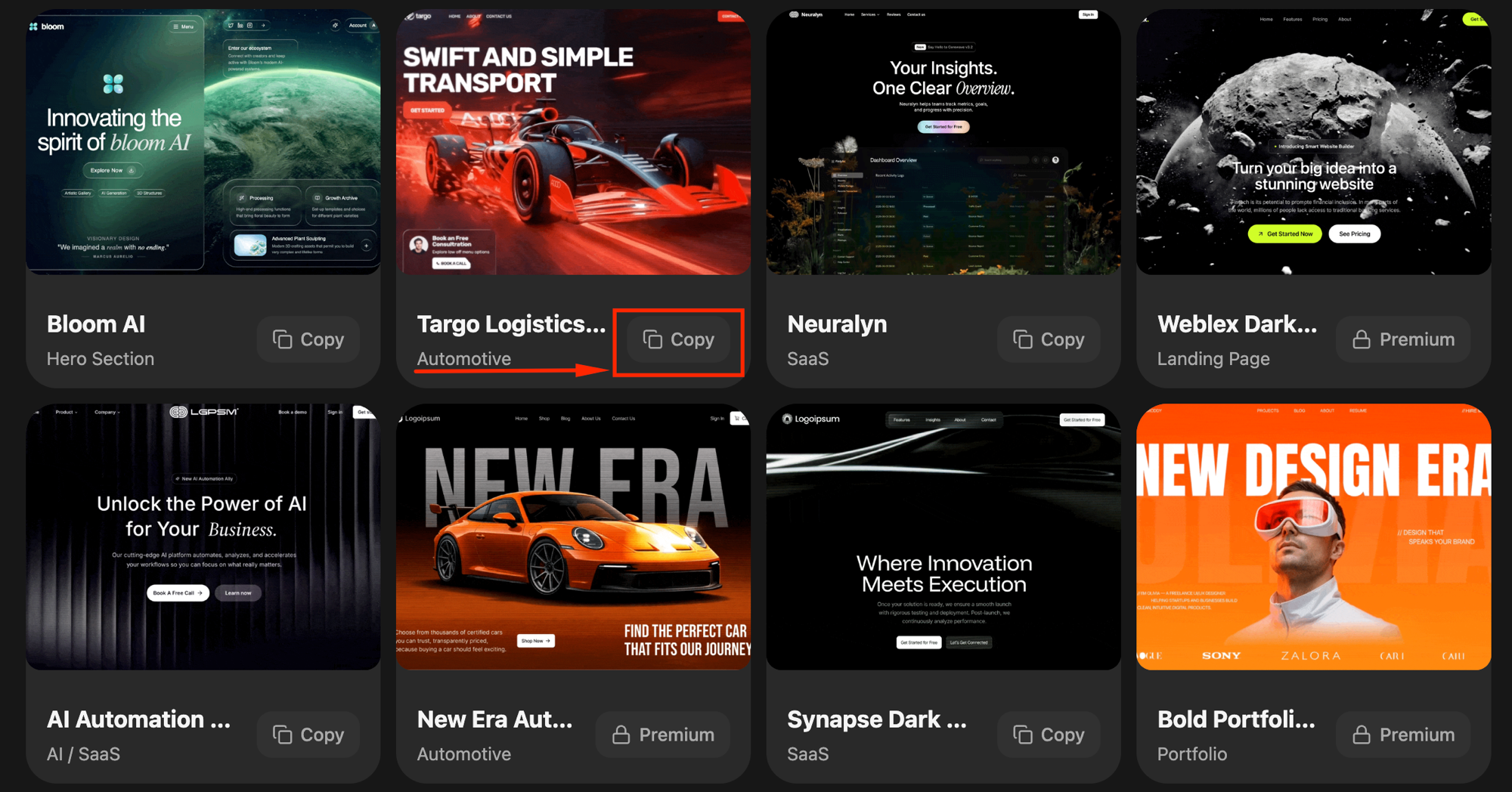 Галерея motionsites.ai — выбираем дизайн и копируем промпт